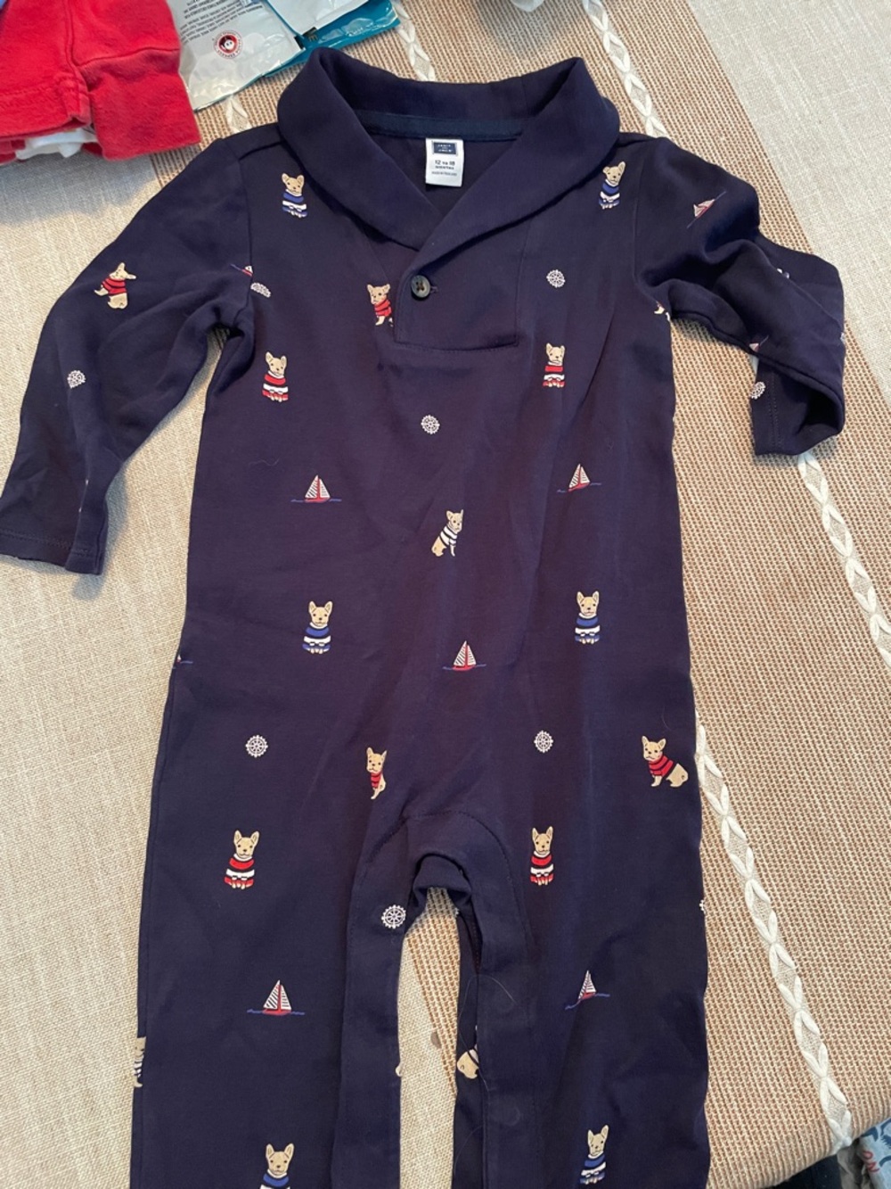 Janie and Jack Navy Long-Sleeve One-Piece with Puppy & Sailboat Motif